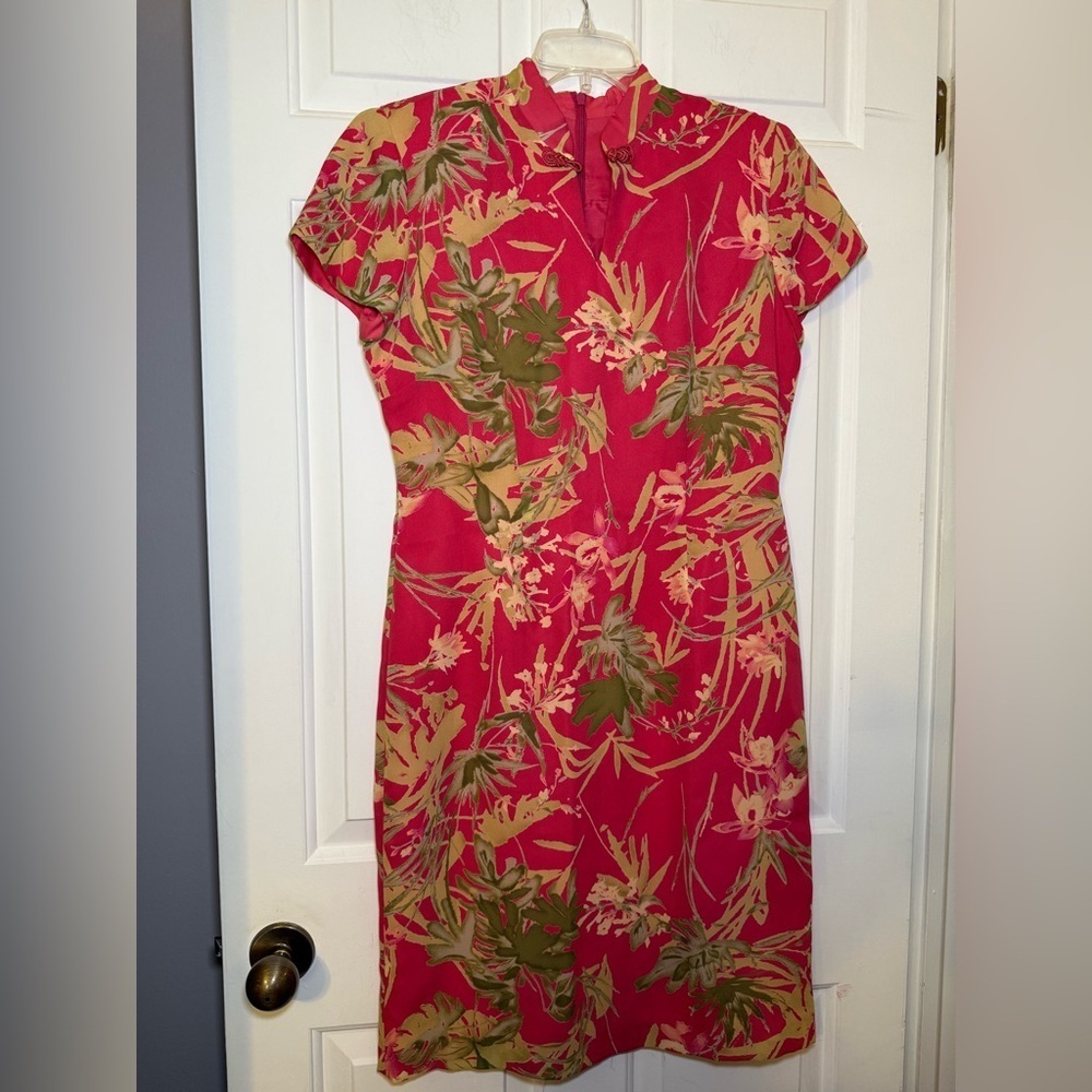 David Warren Petites Cheongsam Floral Dress Sz 12P Mandarin Collar Coral Green